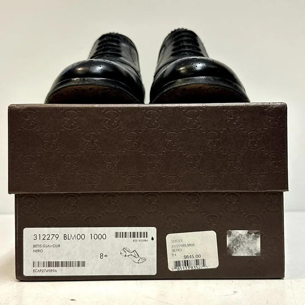 EUC Gucci Oxford Brogue Round Cap Toe 312279 Betis Glamour Nero UK 8.5 US 9.5 D